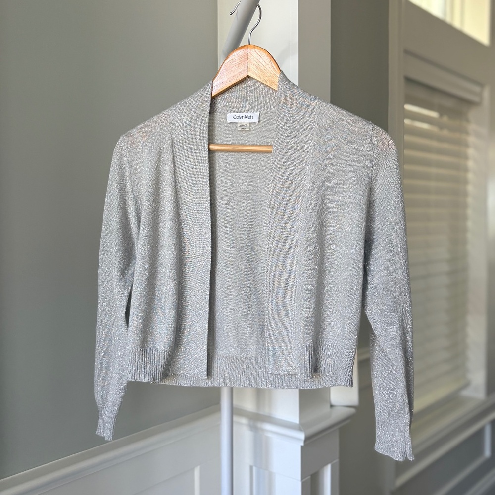 Calvin Klein Silver Metallic Cropped Cardigan Shrug – Pilates Princess Layer